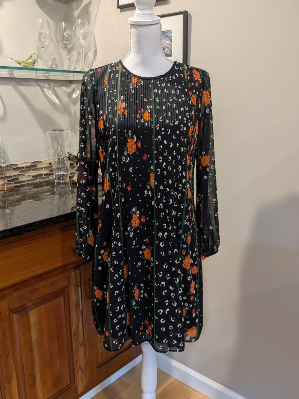 Ann Taylor Romantic Floral Pleated Long Sleeve Swing Dress XS